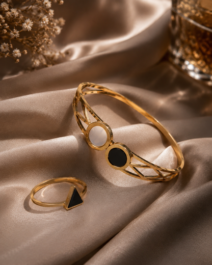 Dual Stone Gold Open Cuff Bracelet & Ring Set