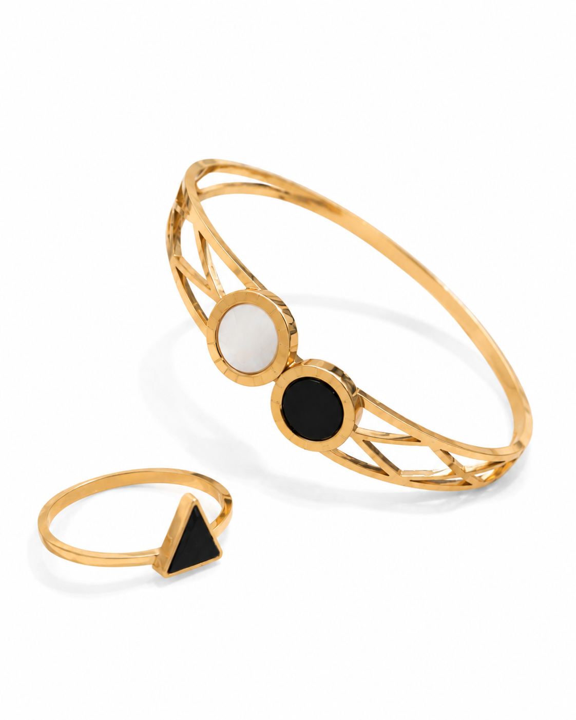 Dual Stone Gold Open Cuff Bracelet & Ring Set